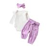 Baby Girls Fall Outfit, Long Sleeve Romper with Flower Print Belted Pants and Headband Clothing Set