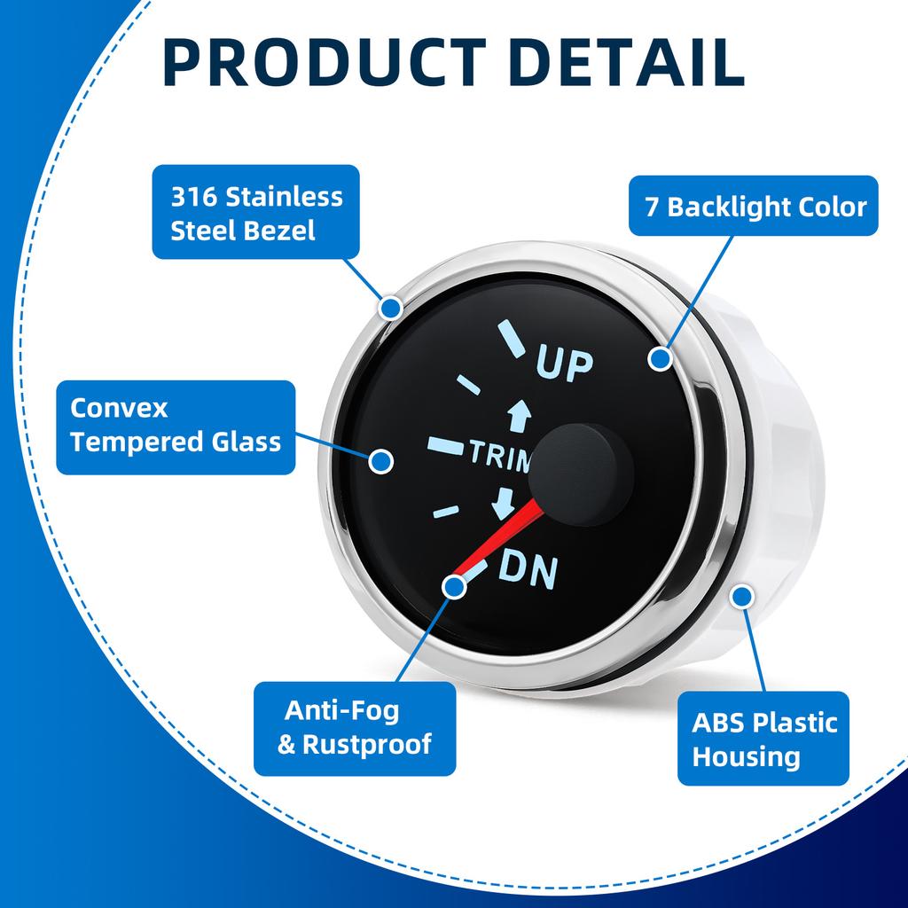 52mm Boat Balance Gauge 0-190ohm Boat Trim Meter Trim Tilt Indicator Digital pointer Gauge 7-color backlight For Yacht Marine
