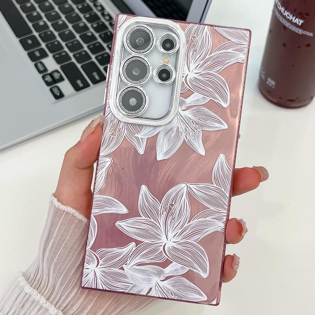 Samsung S25 Ultra Mobile Phone Case Laser Texture Flower and Grass Lens Film S24FE Bracelet A56 Electroplated Hard Shell