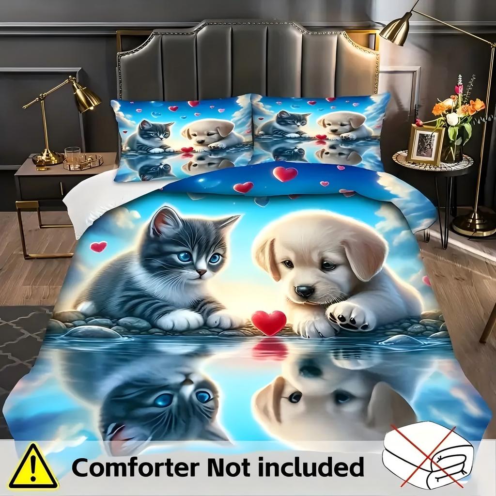 Cute Cat Dog Pattern 3D Printed Bedding Set Cute Animal Romantic Couple Theme Duvet Cover Soft Comfortable Luxury Quilt Cover