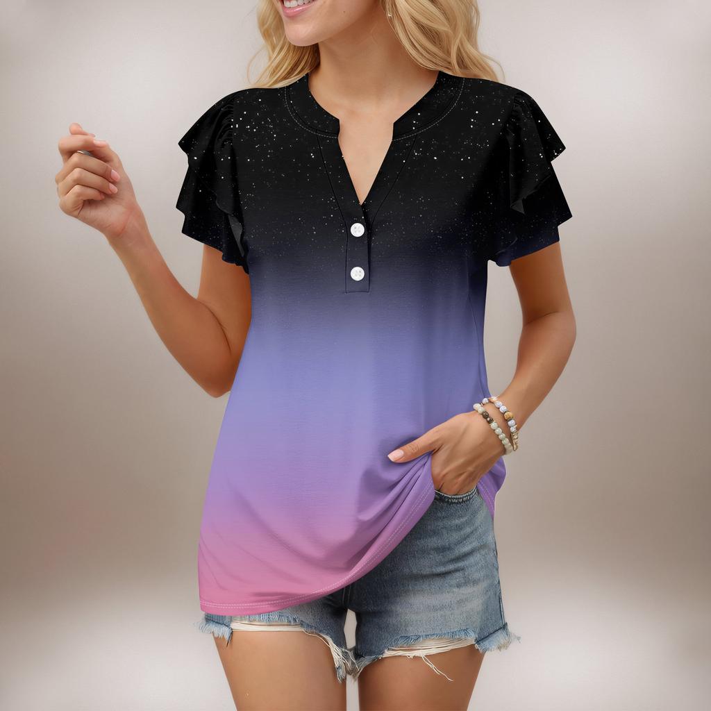 Женский повседневный топ с короткими рукавами и V-образным вырезом, с оборками и градиентом