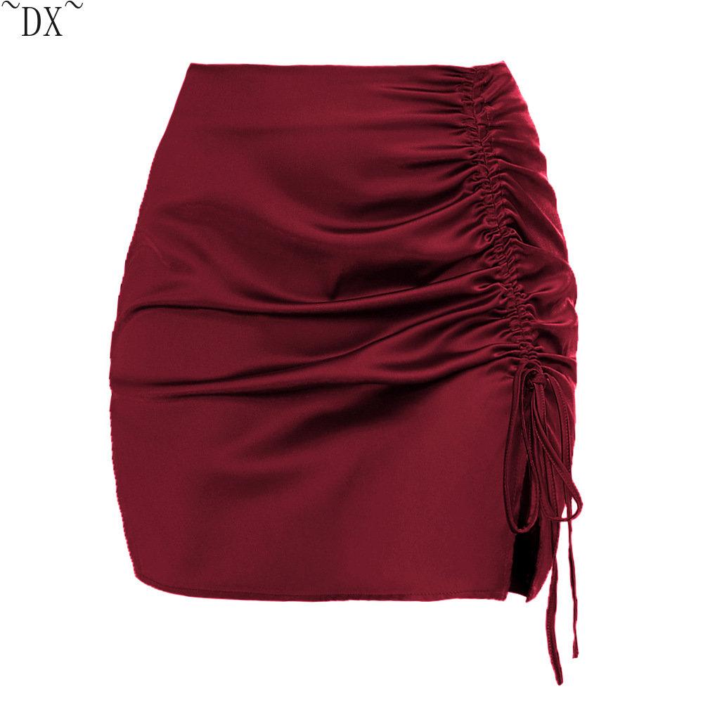 DX ~ ~ однотонная плиссированная юбка на бедрах с запахом, европейская и американская сексуальная атласная полуюбка с высокой талией на молнии, женское летнее платье