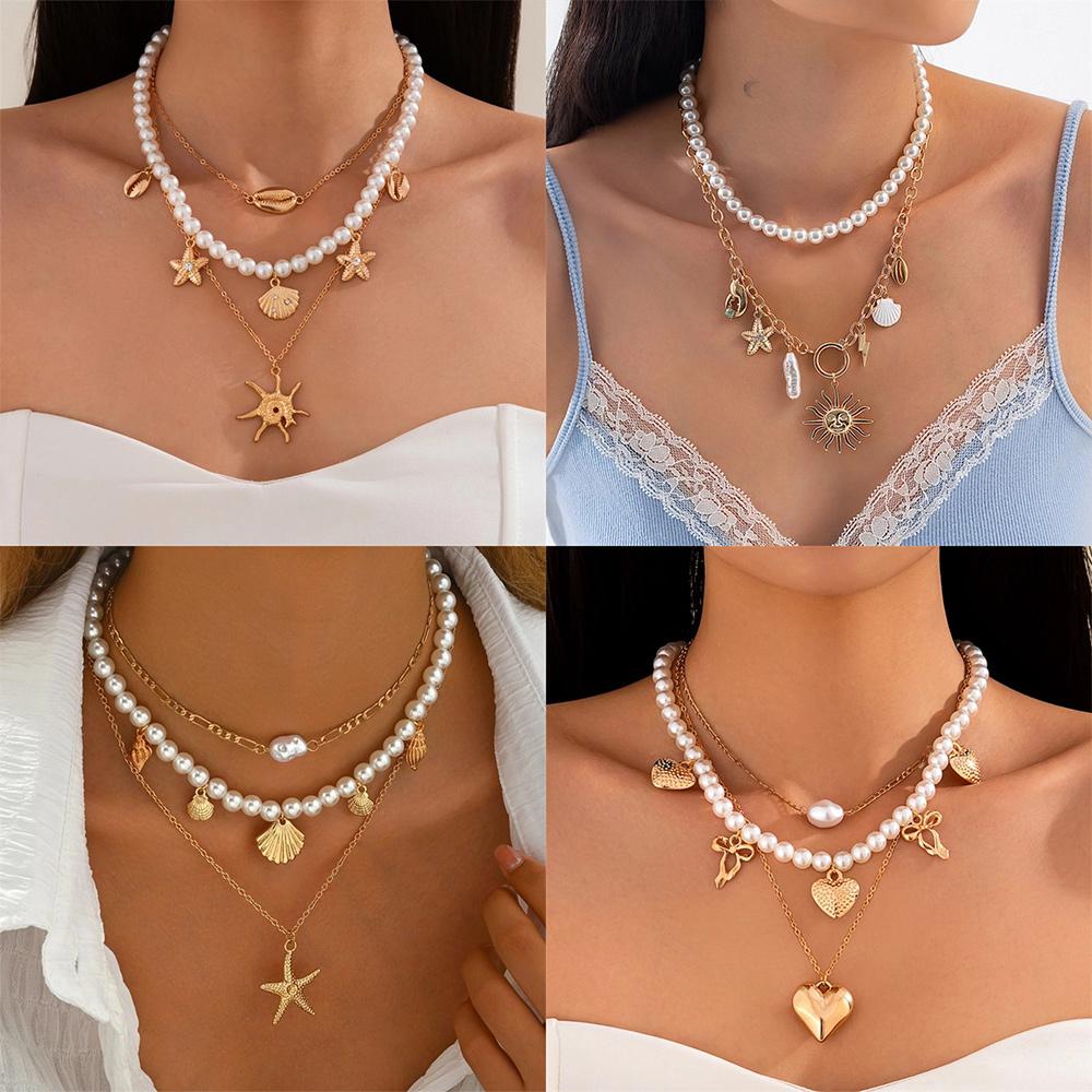Summer Alloy Beads Multi-layer Necklace Holiday Travel Jewelry Gift Layered Choker Chain Beach Style Shell Necklace for Women