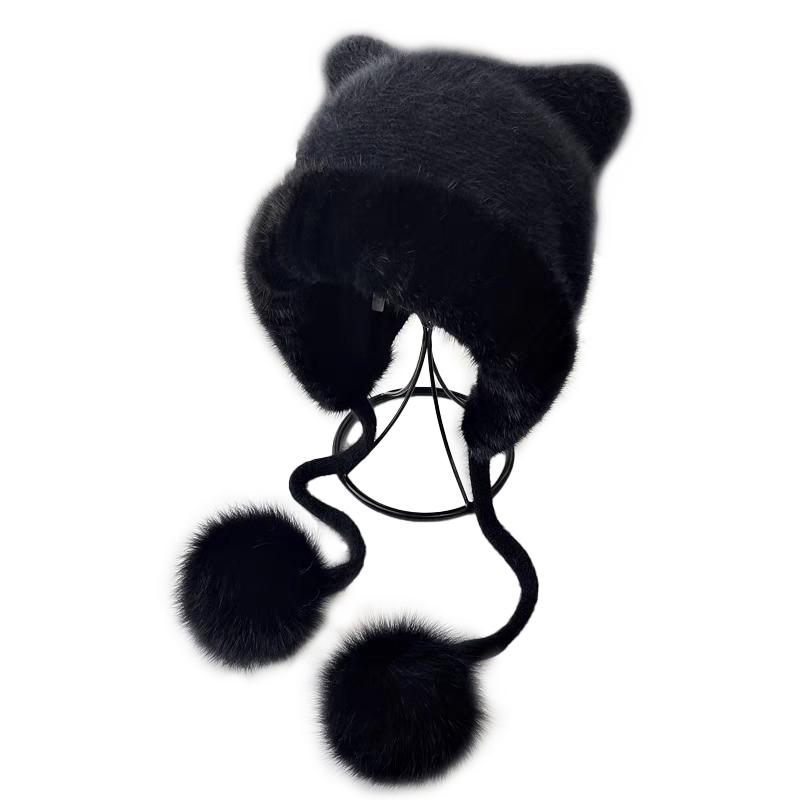 Luxury Women's Hand Knitted Mink Fox Fur Trim Wool Blend Hat Winter Beanie Warm Thermal Ear Protection Fashionable Functional