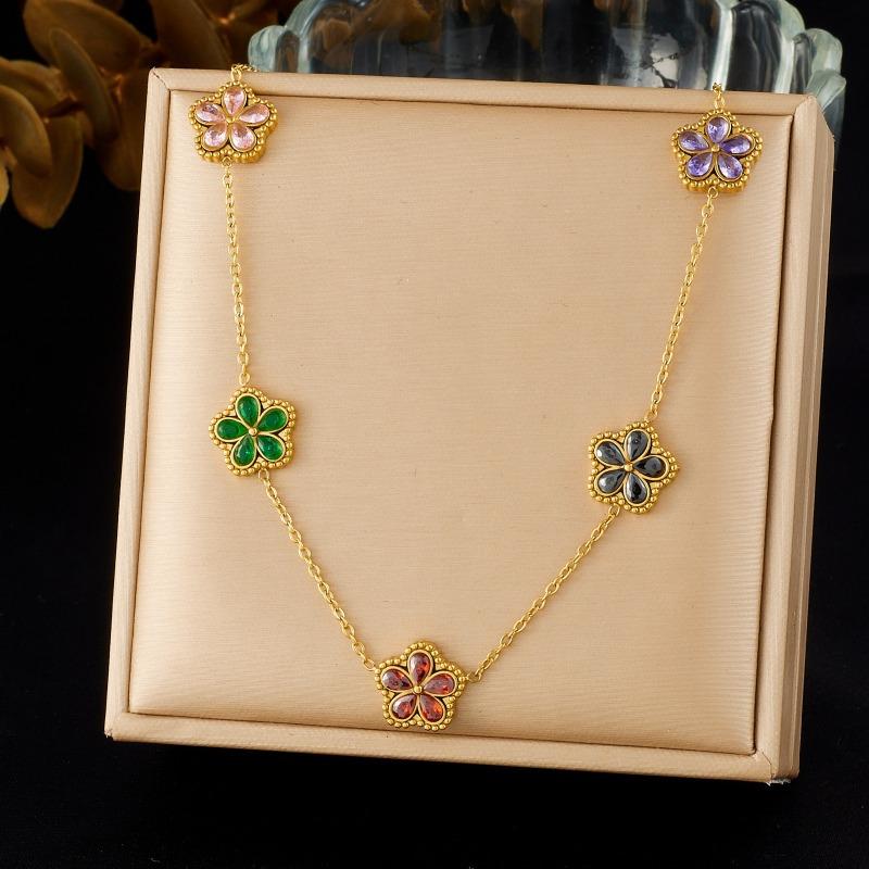 Gold Plated Stainless Steel Multicolor Flower Crystal Jewelry Set (necklace + Earrings) for Women