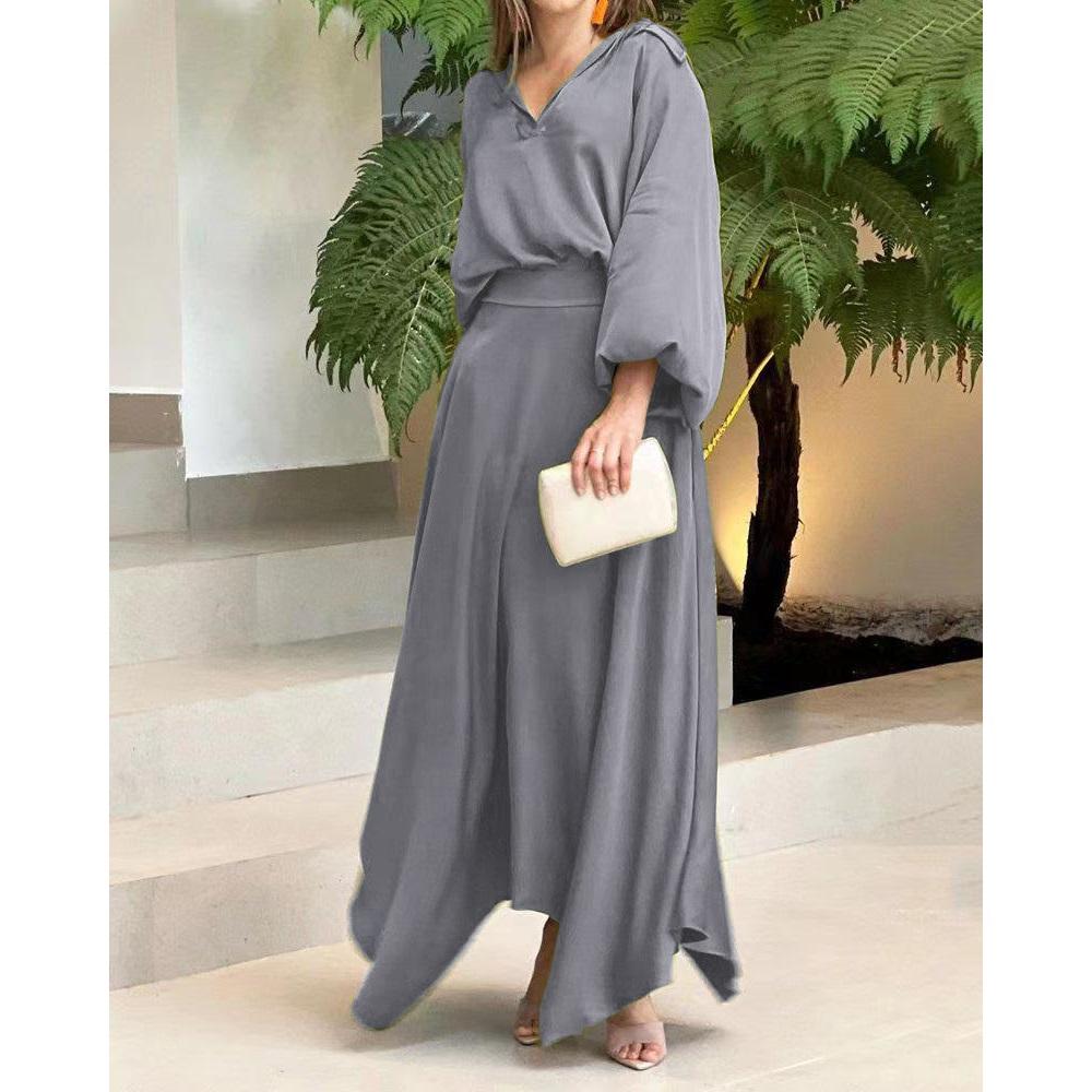 Женский летний свободный комплект из двух предметов большого размера, однотонный топ с длинными рукавами и юбкой средней длины с высокой талией