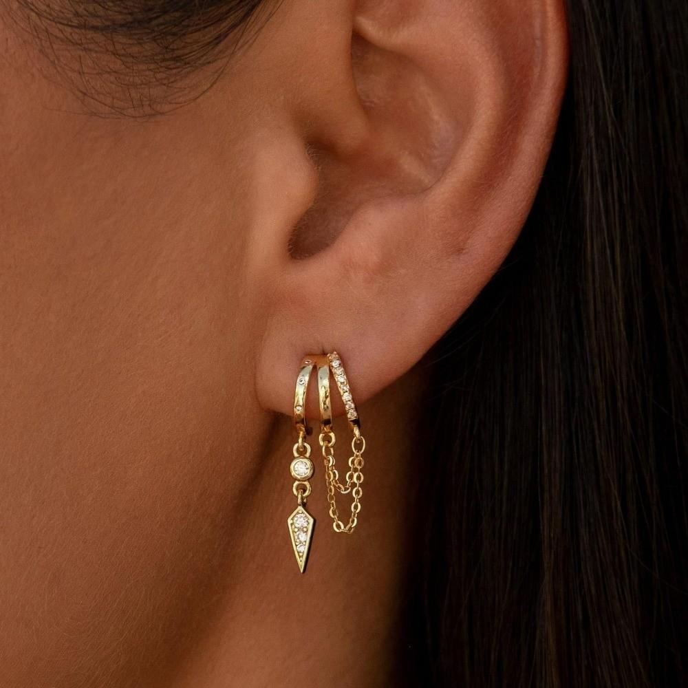Elegant 14k Triple Huggie Earrings Tassel Minimalist Dangle Earrings Hypoallergenic Sparkling Chain Earrings Women Jewelry