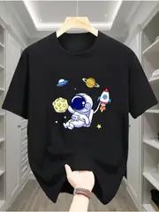 Unisexs Casual Cotton TShirt with Astronaut and Planets Print Short Sleeve Crew Neck Comfortable Sportswear Top for Teens