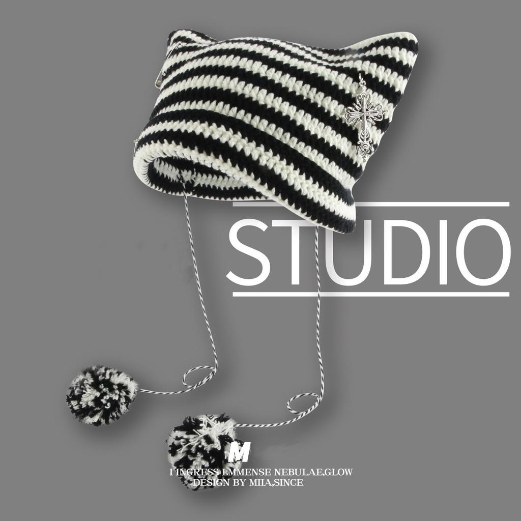 Hairball ins little devil striped knitted wool hat punk wind cat ears cute pointed hat curled edge cold hat