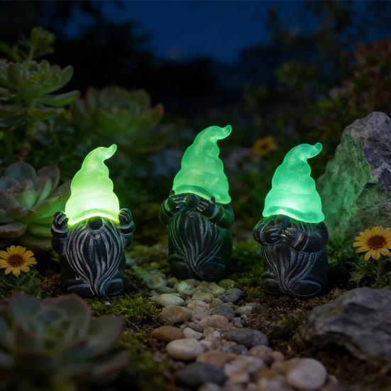3 Pcs Gnome Garden Hear See Speak Stakes Resin Miniature No Evil Gnome