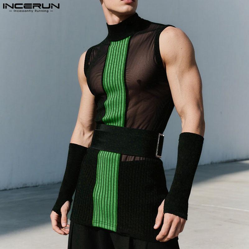 INCERUN Мужские майки без рукавов в полоску с сетчатыми вставками, прозрачные, облегающие, с накидными рукавами