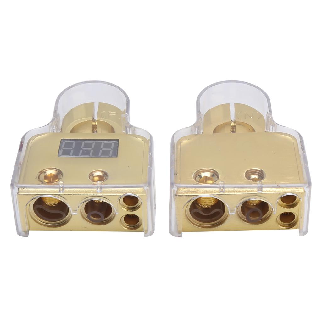 Car Battery Terminal Connectors Kit with Digital Voltmeter Display Stardand 0 4 8 10 AWG GaugeGold