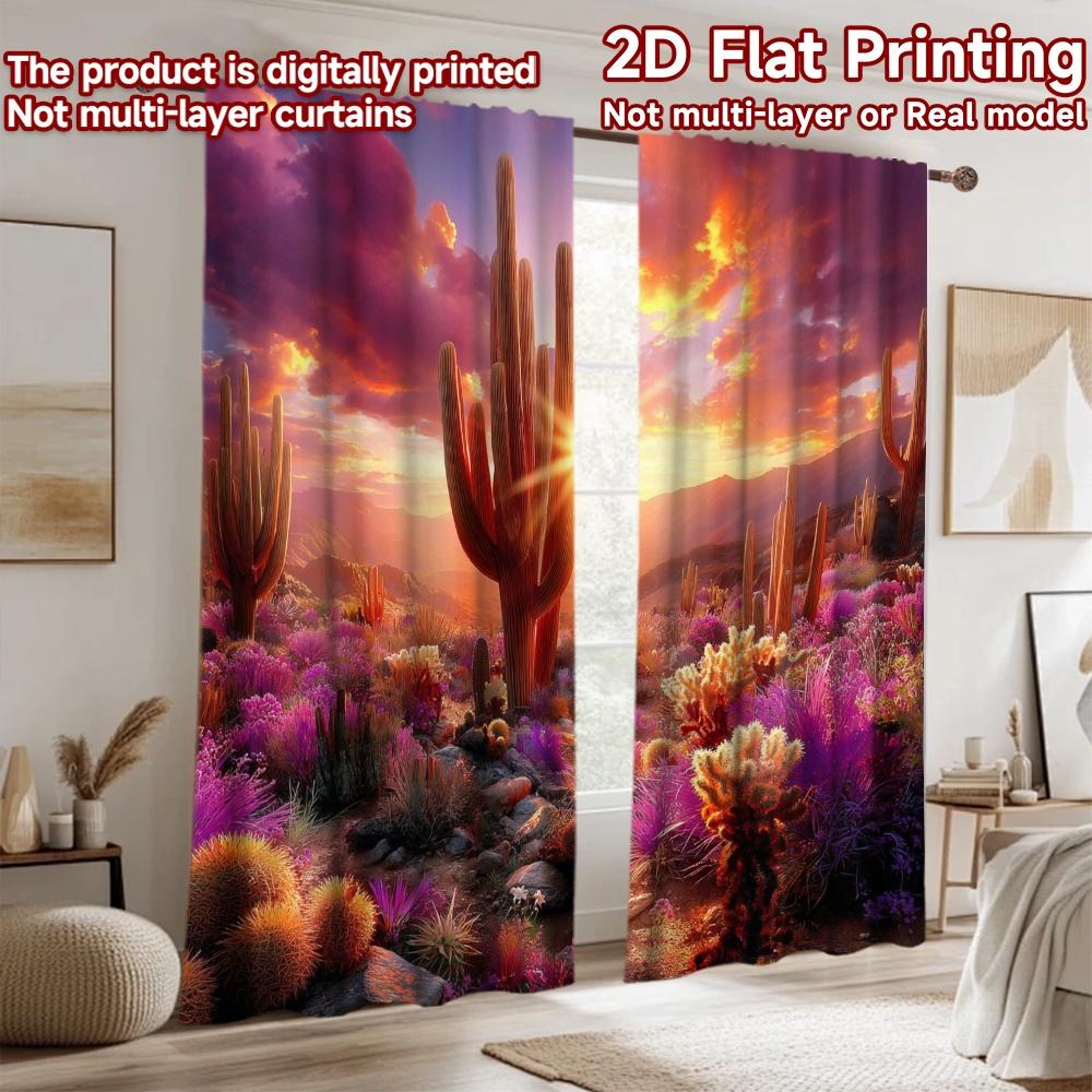 2D flat printing 2pcs Curtains Desert Cacti Sunset Dramatic Sky Digital Printed Polyester Drapes All Season Party & Holiday