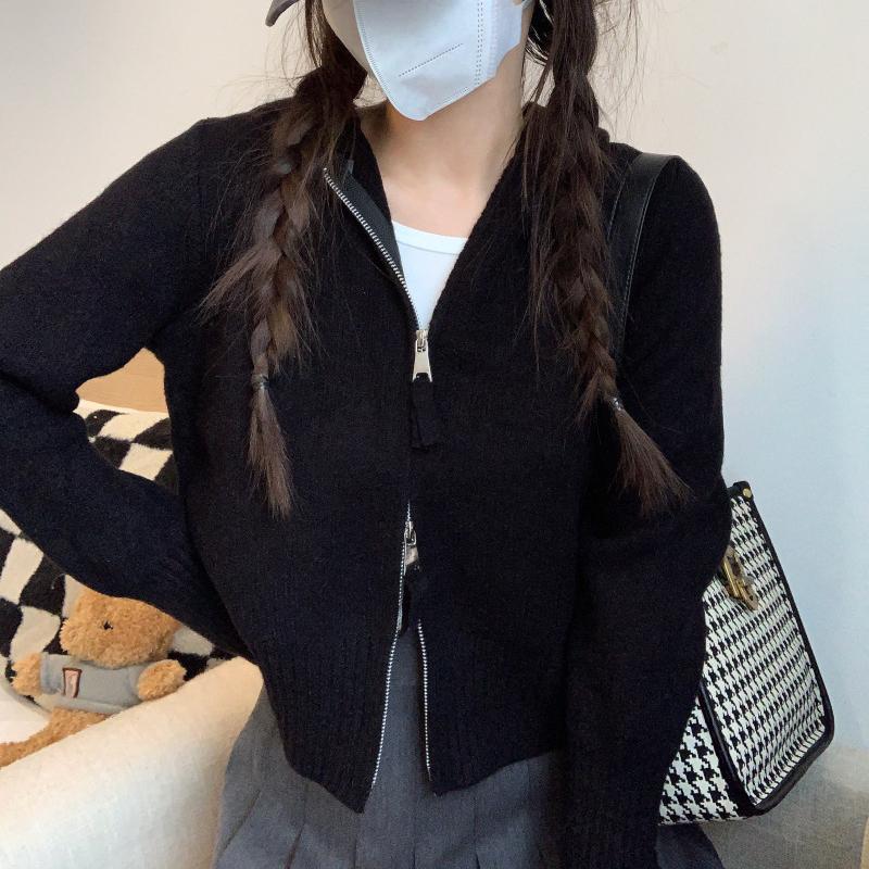 Pure Desire Wind Grey с застежкой-молнией на плече и капюшоном, вязаный кардиган, женский осенний короткий свитер, пальто-свитер