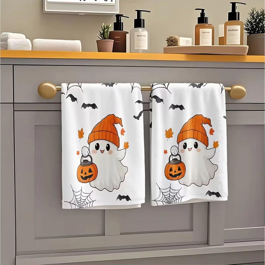 2-piece Cute Pumpkin Kitchen Towel - Durable Polyester Dish Cloth, Suitable for Halloween and Autumn Decoration