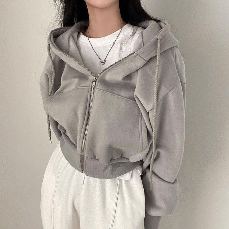 6 Colors Solid Zip Up Drawstring Hoodie, Casual Long Sleeve Sweatshirt with Pocket, Women's Clothing