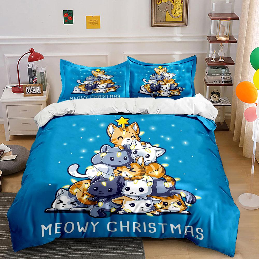 Christmas Cat Tree Pattern Bedding Duvet Cover Set Duvet Cover Pillowcases (1*Duvet Cover 2*Pillowcases, without duvet insert)