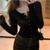 Long-sleeved T-shirt Women's Fall Pullover Single Breasted Slimming 100 High Waist Short Base Shirt Women Careful Machine V-neck Top