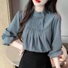 Standing Collar Pleated Long Sleeve Shirt, Women's New Premium Design Sense Inner Bottom Shirt Top