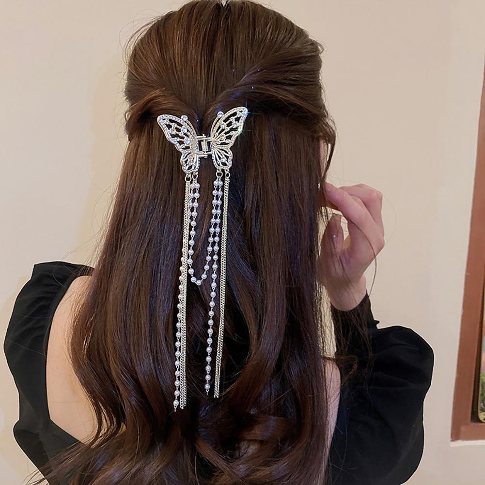 Rhinestone Butterfly Pearl Fringe Hairpin Fashionable Temperamental Hair Claw Clip Headwear Hair Accessory for Women