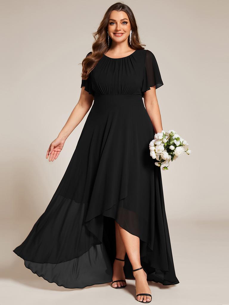 Ever-Pretty Women's Elegant Round Neck Ruffles Sleeve Chiffon Plus Size Evening Dresses with Asymmetrical Hem