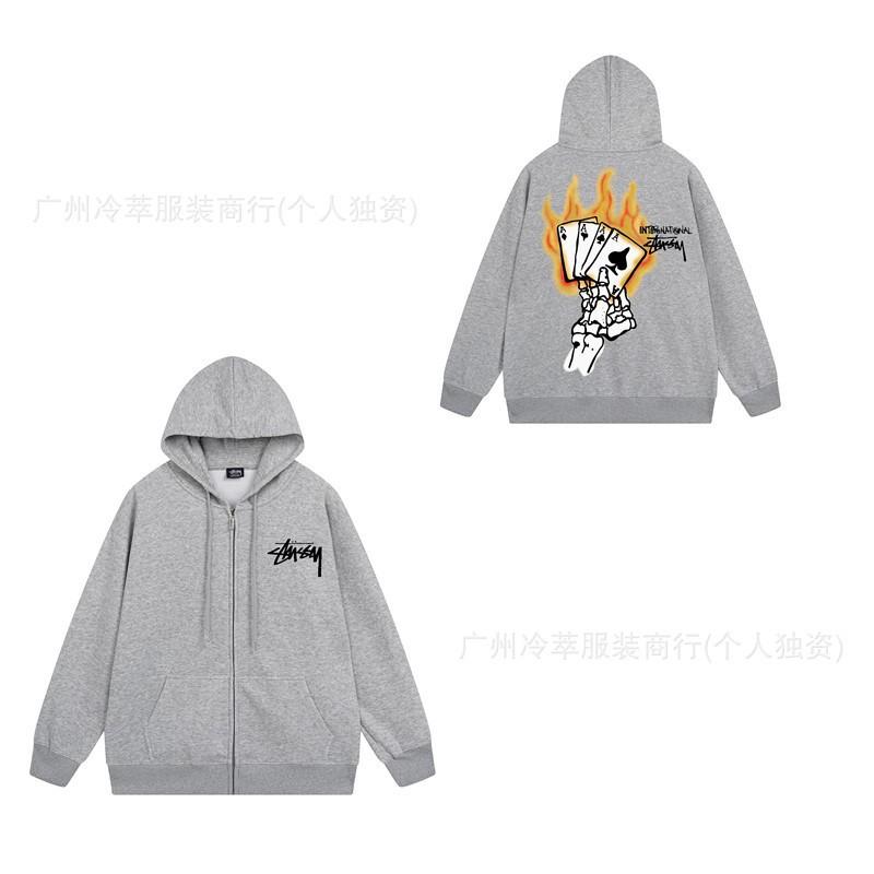 Unisex Hooded Zip-Up Fleece-Lined Sweatshirt With Letter Print Loose Fit Cotton Long Sleeve Men Women