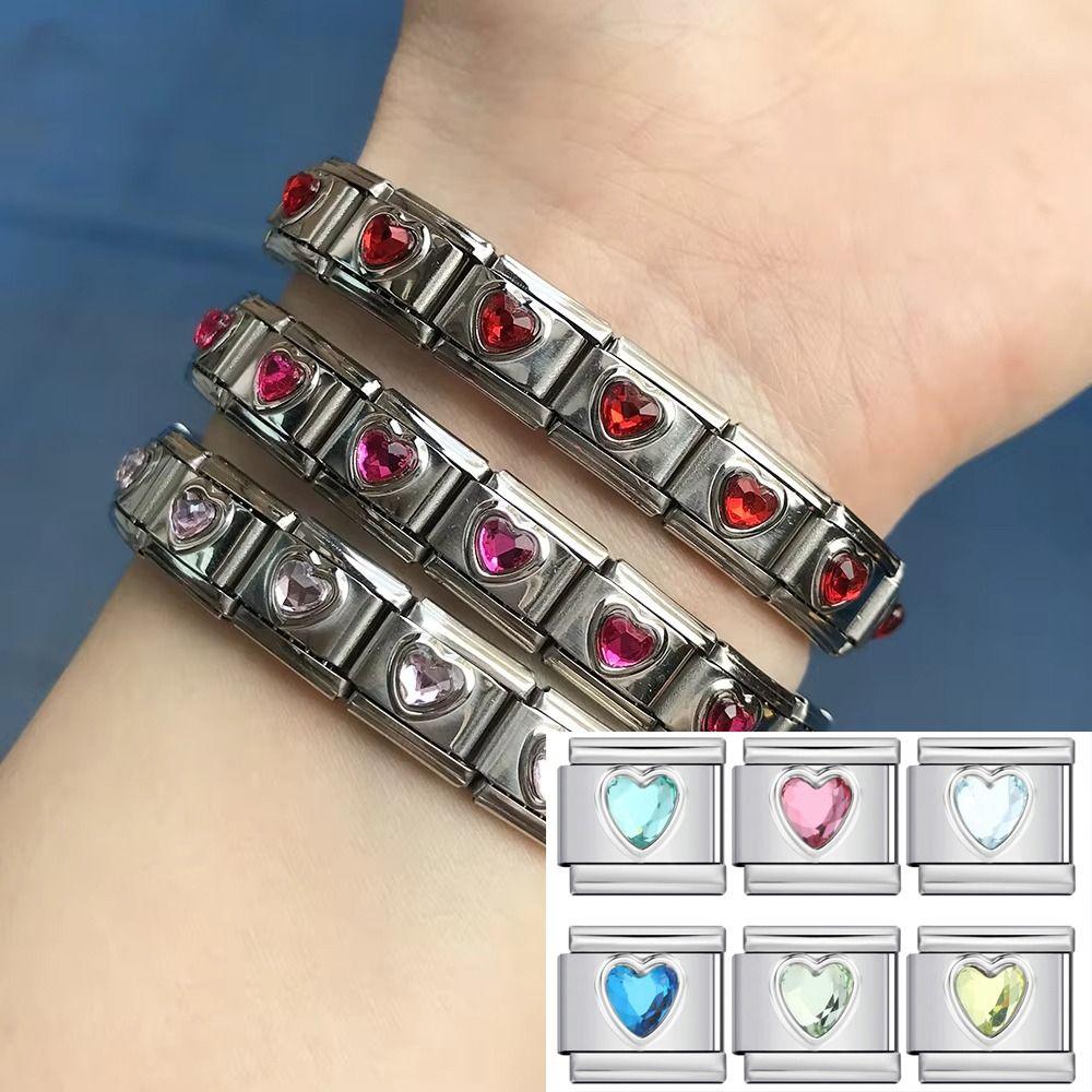 Мода Прилив Женщина Девушка Сердце Красочная Циркония Итальянский Шарм Звено Подходит 9 мм Нержавеющая Сталь Браслеты Изготовление DIY Ювелирные Изделия Подарки