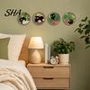 Hanging Wall Decoration 4Pcs/Set Green Plants Cat Decorations, Farmhouse Cartoon Wooden Sign Black Pattern with Round Frame, Rustic Kitten Art