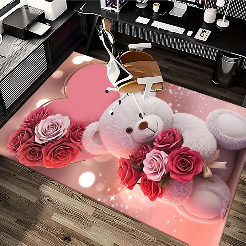 1pc Teddy Bear with Pink Roses Chair Mat - Anime Cartoon Design, Valentine's Day Gift, Non-Slip Carpet for Office Chair, Suitable for Home Decor, Livi