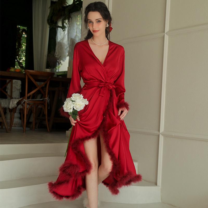 Sexy Wedding Morning Feather Robe Women Long Kimono Bathrobe Gown Spring Summer Satin Sleepwear Nightgown Loose Home Dress