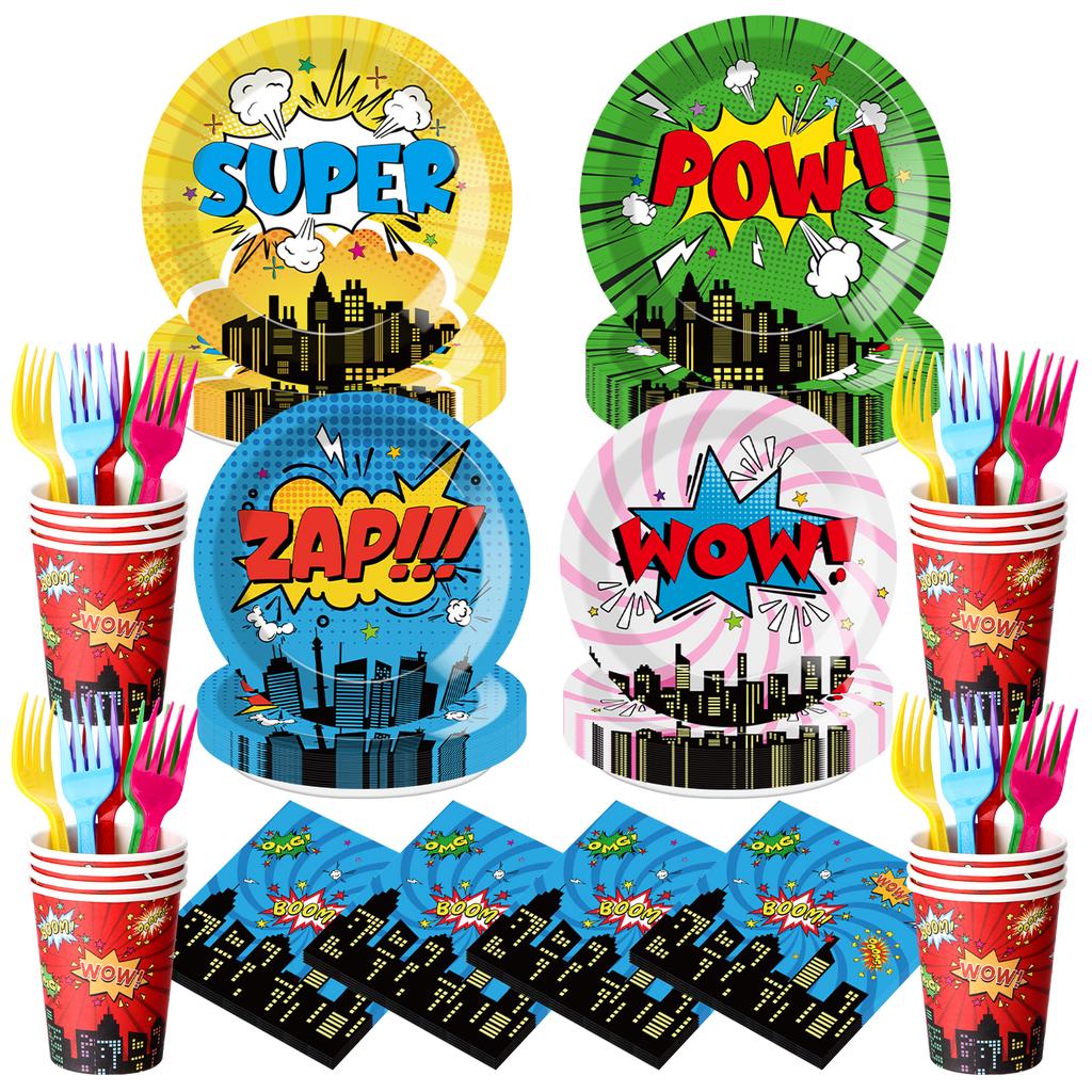 120 шт. Тарелки, стаканчики и салфетки Super Theme Party, вилки для дня рождения с героями комиксов, декорации 'S Action Sign Cityscape