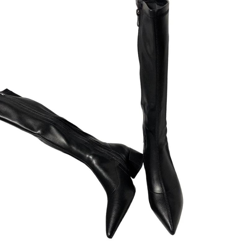 Новые осенне-зимние высокие сапоги с острым носком женские толстые туфли-лодочки модные женские туфли до колена на молнии женские элегантные сапоги Botas Zapatos