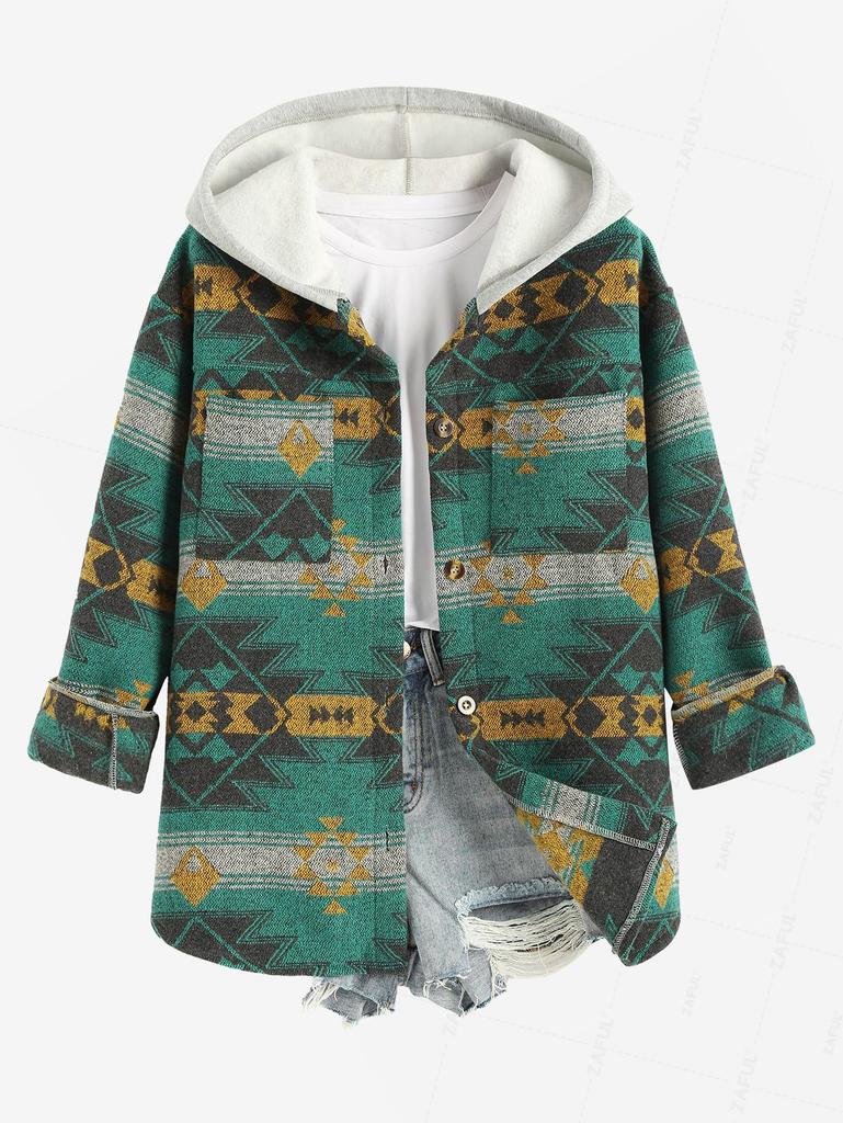 ZAFUL Женская повседневная куртка из шерстяной смеси в винтажном этническом стиле с геометрическим принтом ацтеков