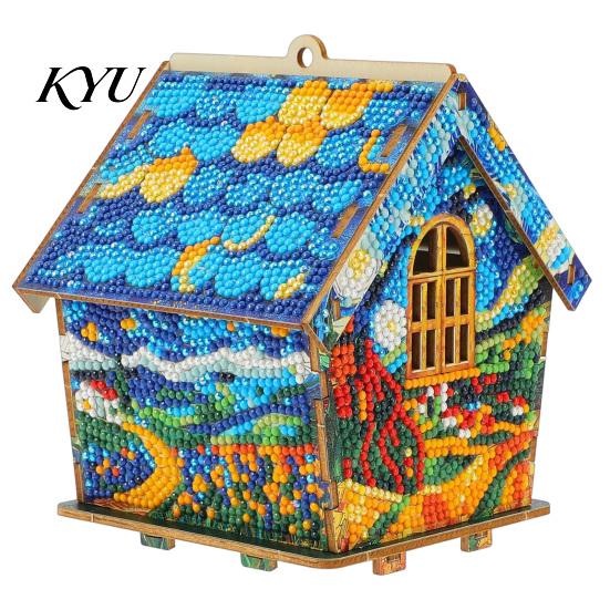 3D Wooden Puzzle DIY Christmas House Rhinestone Painting Kit, Sunflower Diamond Art Decoration Craft Cabin, Handicraft Arts Ornament for Desktop