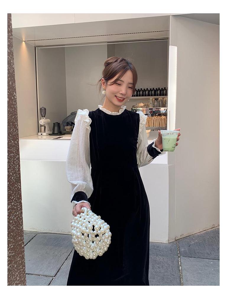 Женское бархатное платье с завышенной талией Thirteen Lines - Осень/Зима 2022, Французский стиль, Длинная юбка, Возврату не подлежит