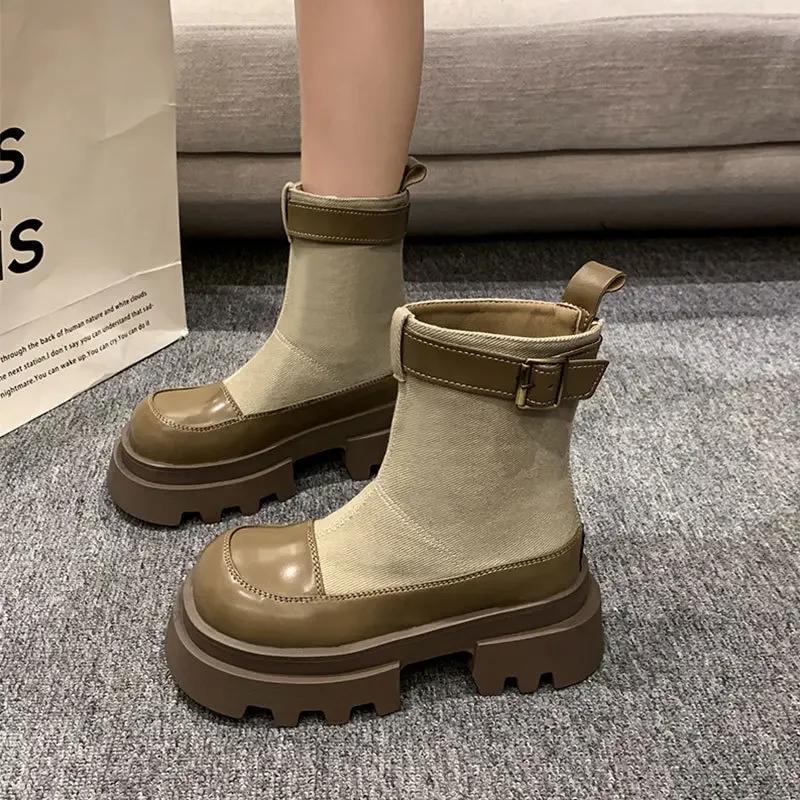 Женские ботильоны на толстой платформе и среднем каблуке, модная кожаная обувь для женщин, зима 2025, тренд, повседневная, готическая, челси, Botas Mujer