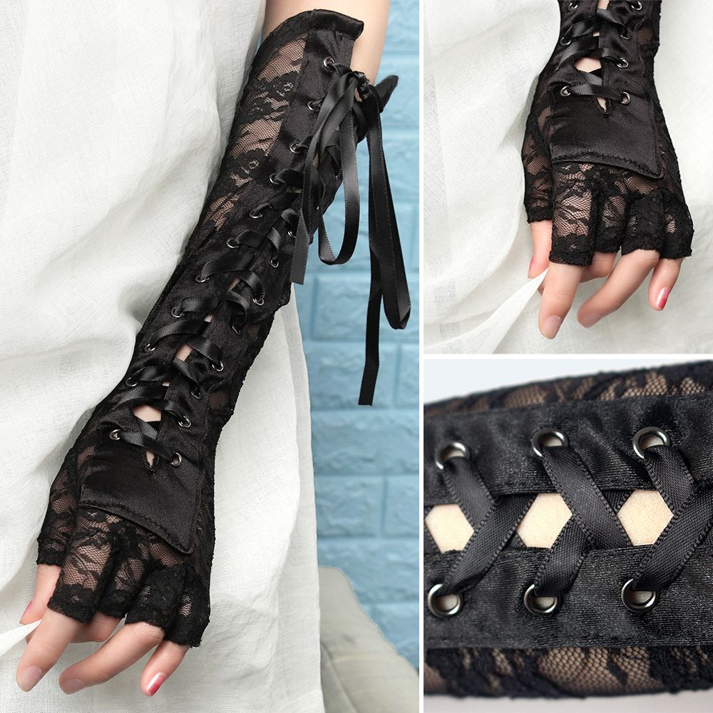 Party Cosplay Ritual Dance Fingerless Silk Ribbon Halloween Gloves Punk Gothic Mittens Lace Gloves