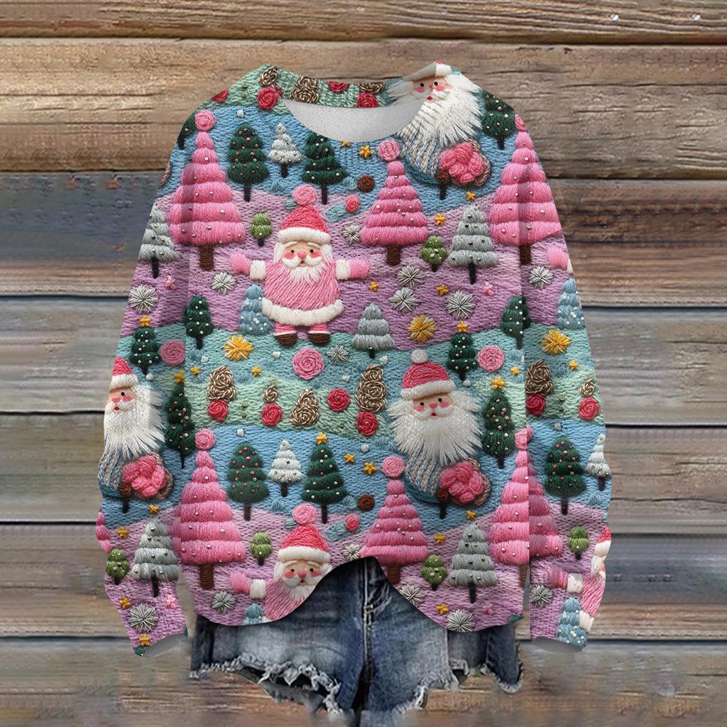 Ladies' Fashionable Casual Long Sleeved Christmas Printed Round Neck Knitted Yarn