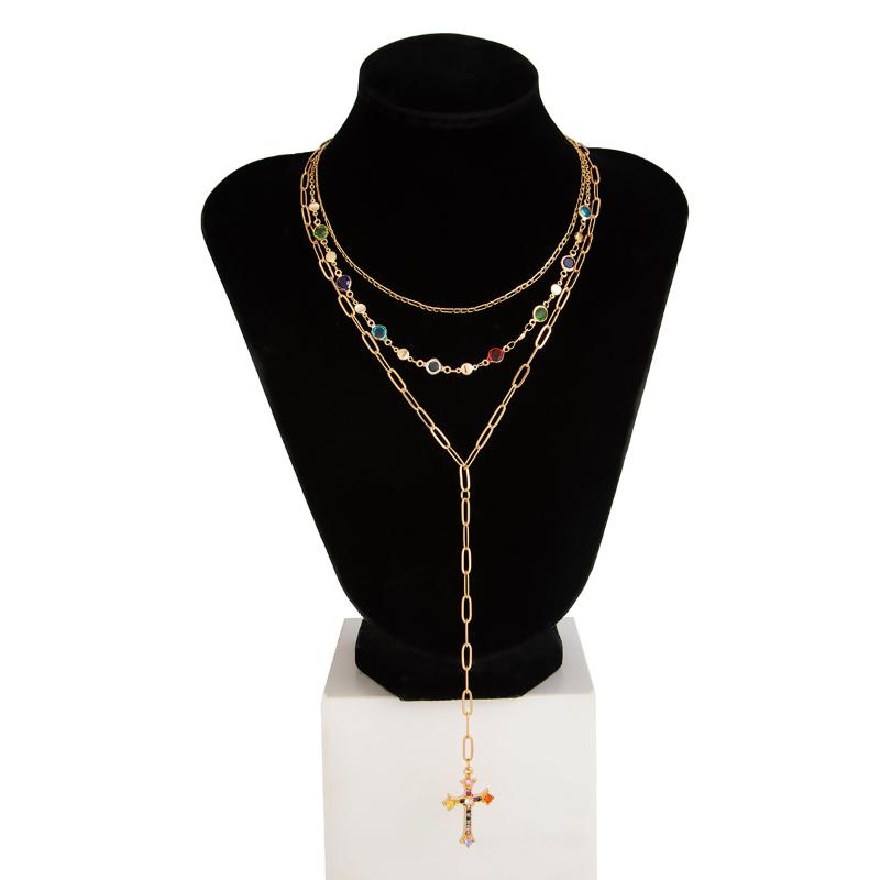 Fashionable Light Luxury Jesus Cross Pendant Necklace Set For Women Trendy Colorful Crystal Chain Choker Christian Jewelry Gift