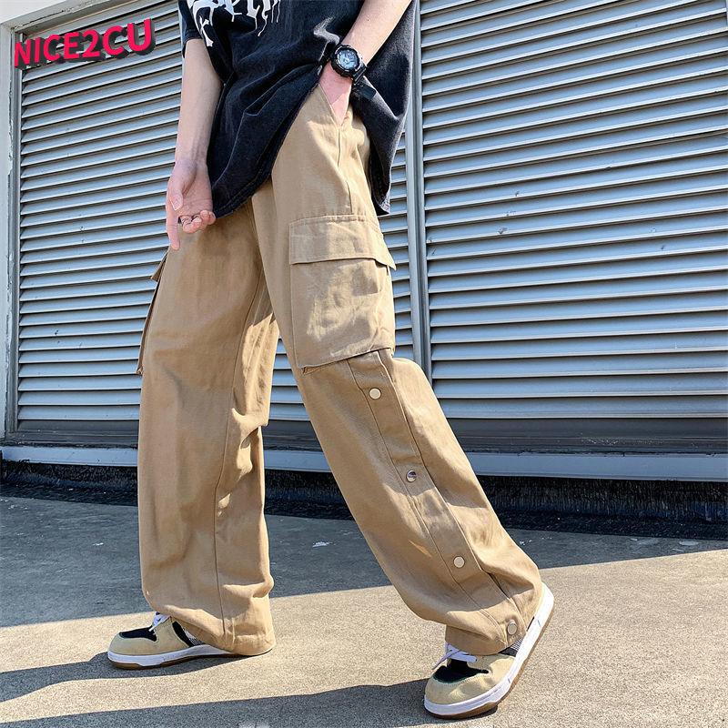 Лето 2023, новые трендовые мужские широкие брюки-карго, корейская уличная одежда, повседневные дизайнерские спортивные штаны большого размера с пуговицами для подростков