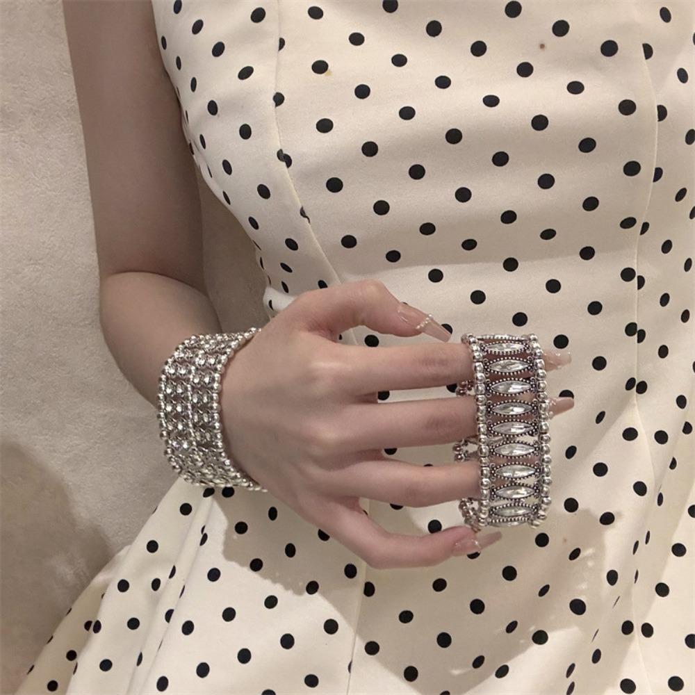 Elastic Wide Bangle Double Row Cuff Bracelet Trendy Rhinestone Bracelets For Women