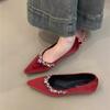 Temperament Rhinestone Pointed Single Shoes Women's Spring 2025 Sweet Velvet Red Shallow Mouth Soft Sole Evening Shoes
