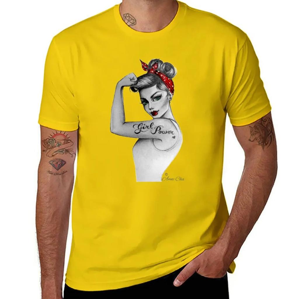 Girl Power by Anne Cha Pin up Modern Rosie the Riveter T-Shirt Short sleeve tee anime black t shirts for men