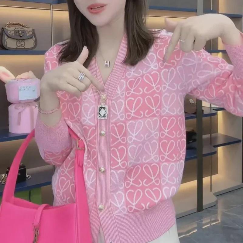 2023 Spring European Contrast Jacquard Collar Knit Women's Long Sleeve Cardigan Sweater