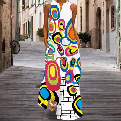Летнее женское платье с V-образным вырезом, А-силуэта, с большим подолом, свободное, без рукавов, с красочным принтом