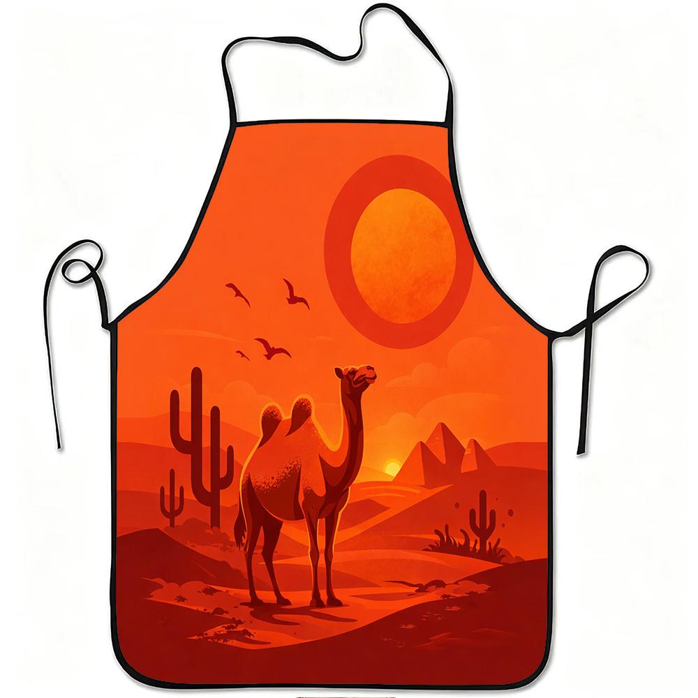 1pc Desert Camel Sunset Print Apron, Durable And Easy to Clean, Adjustable Waistband, Polyester Material, for Kitchen Cooking, Gardening, Orchard Pick