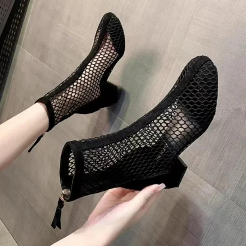 Fashion Mesh Cutout Women's 2025 New Summer Breathable Ankle Boots Block Heel Short Cooling Boots Internet Celebrity Sandals