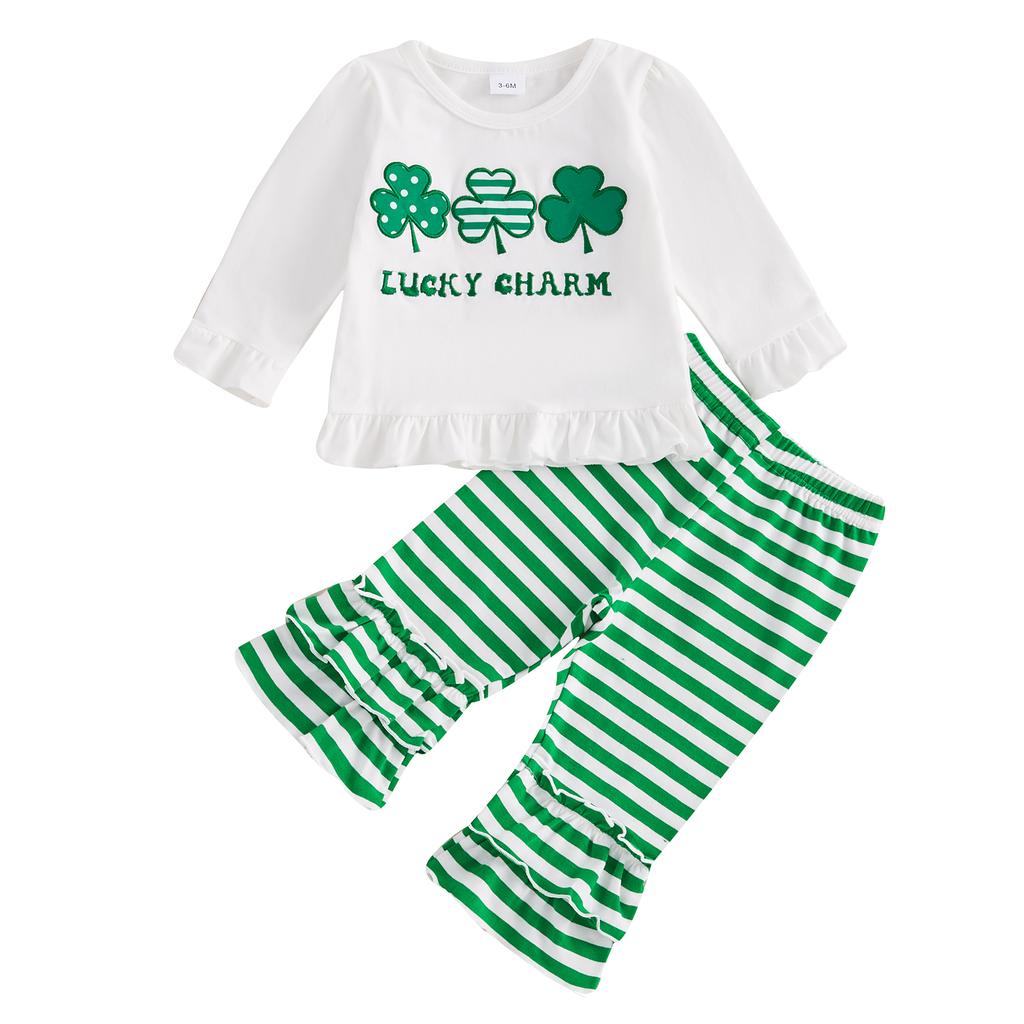 Toddler Girls Ruffled Set Four Leaf Clover Embroidered Long Sleeve Round Neck Tops Striped Long Pants 2-Piece Fall Outfits