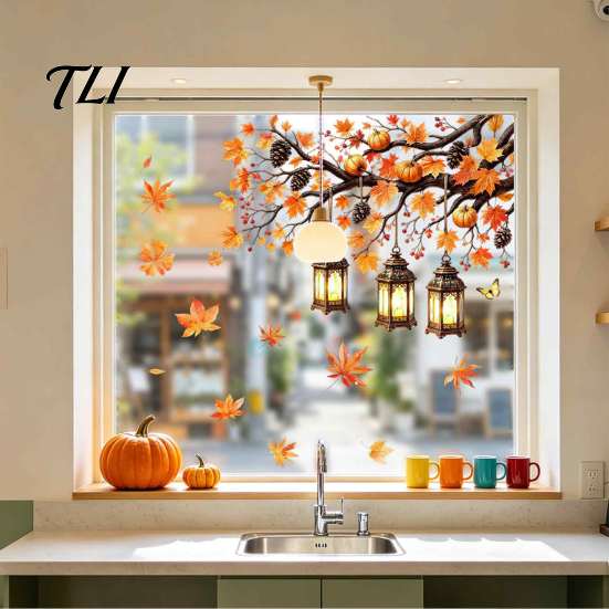 Harvest Theme Wall Stickers Autumn Maple Leaf And Lantern Static Window Sticker, Double Sided PVC Waterproof Fall Home Decoration Decals, Removable