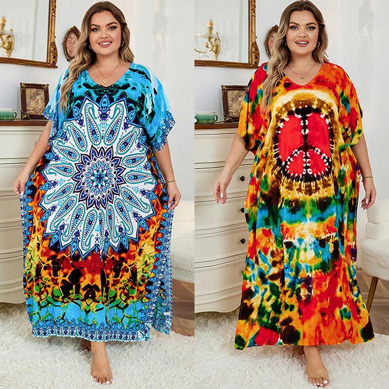 European-American Rayon Print Plus Size Beach Cover-Up Dress & Long Robe